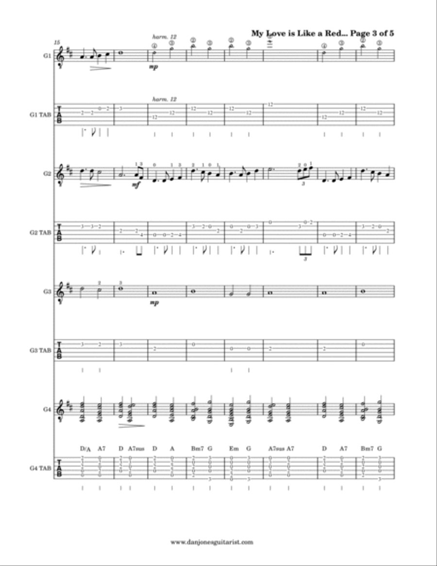 My Love is Like a Red, Red Rose (Guitar Quartet Version) Guitar Ensemble scores gallery preview page 3