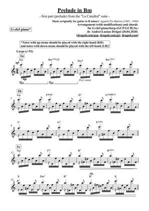 Barrios (Agustín) - Prelude in B minor - arr. and chords for G-clef piano/harp (GCP/GCH)
