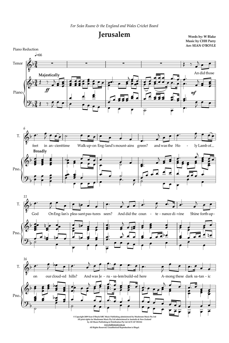 Jerusalem (in key of F) - Piano Reduction Piano scores gallery preview page 1