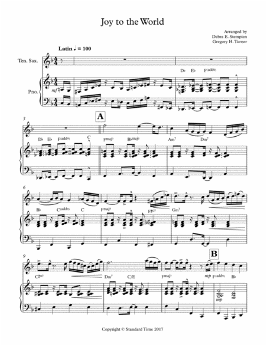 Joy to the World for Tenor Sax Solo with Piano Accompaniment (Latin) Tenor Saxophone scores gallery preview page 1