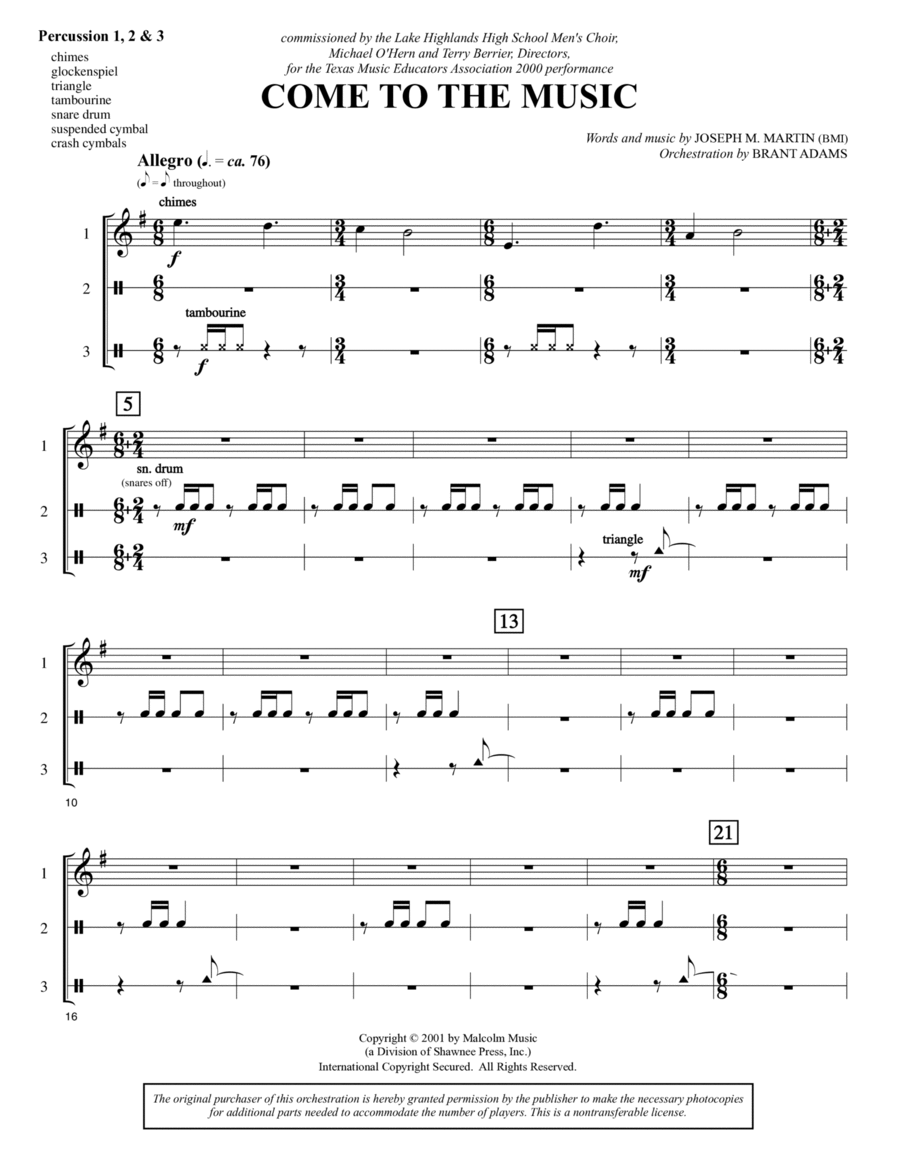 Come to the Music - Percussion 1,2,3 Choir scores gallery preview page 1