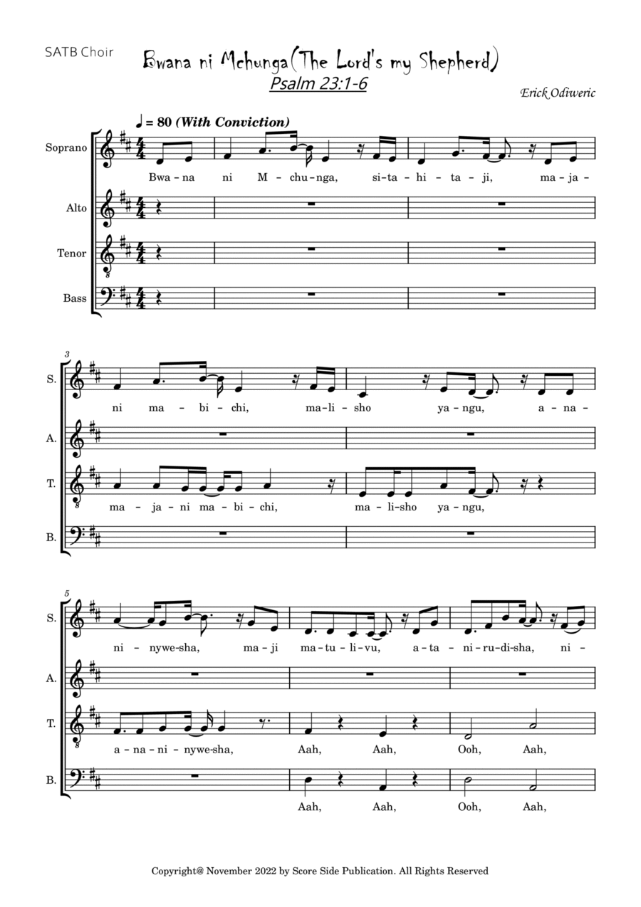 Bwana ni Mchunga (The Lord's my Shepherd) 4-Part scores gallery preview page 1