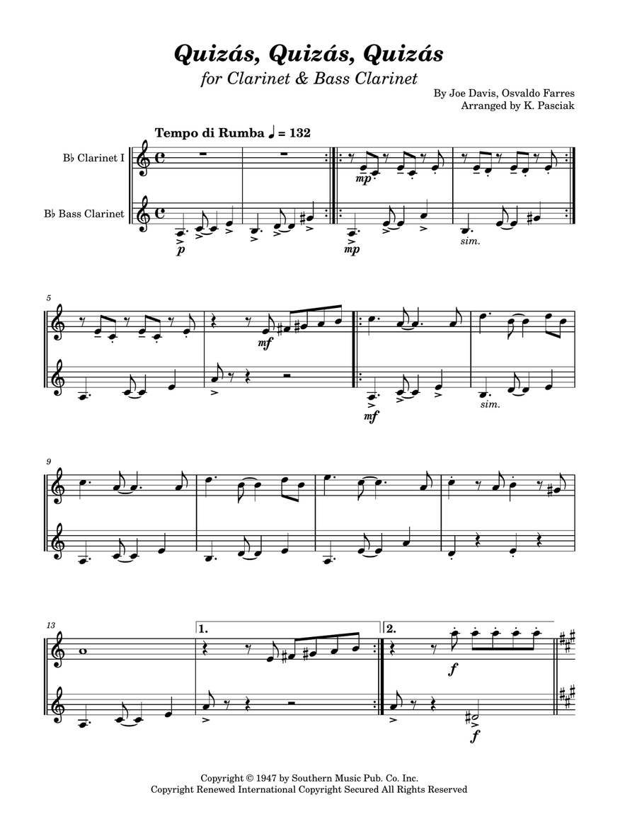 Quizas, Quizas, Quizas (Perhaps, Perhaps, Perhaps) Clarinet Duet scores gallery preview page 1