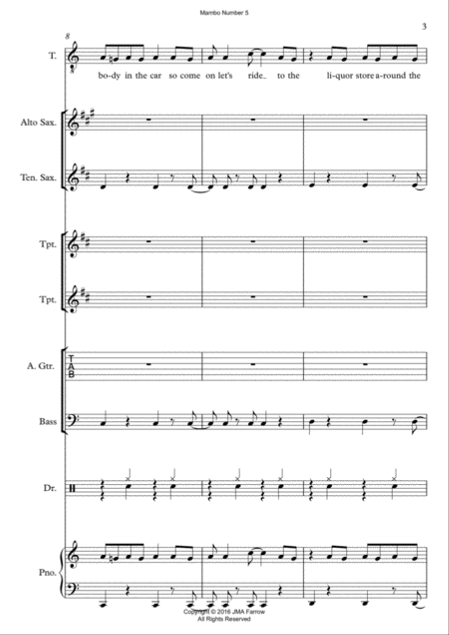 Mambo Number 5 by Perez Prado and Lou Bega Unison Choir scores gallery preview page 3