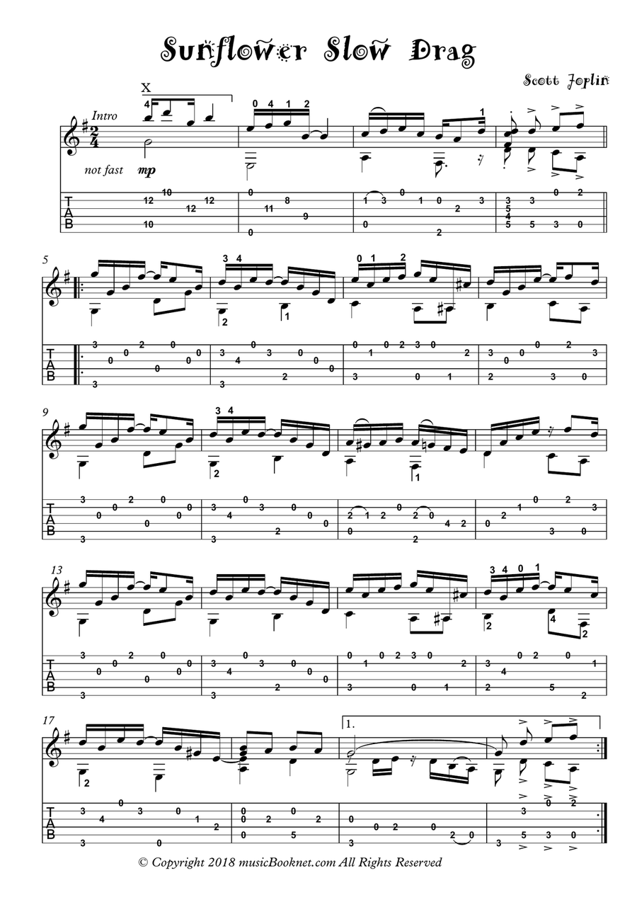 Sunflower Slow Drag Guitar solo Classical Guitar scores gallery preview page 1