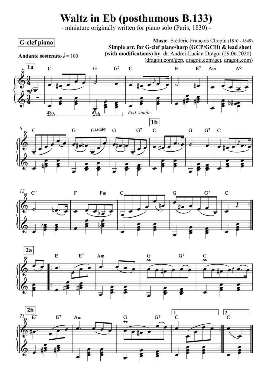 Chopin (Frederic) - Waltz in Eb (posthumous B.133) - simplified arrangement for G-clef piano/harp (G Large Ensemble scores gallery preview page 1