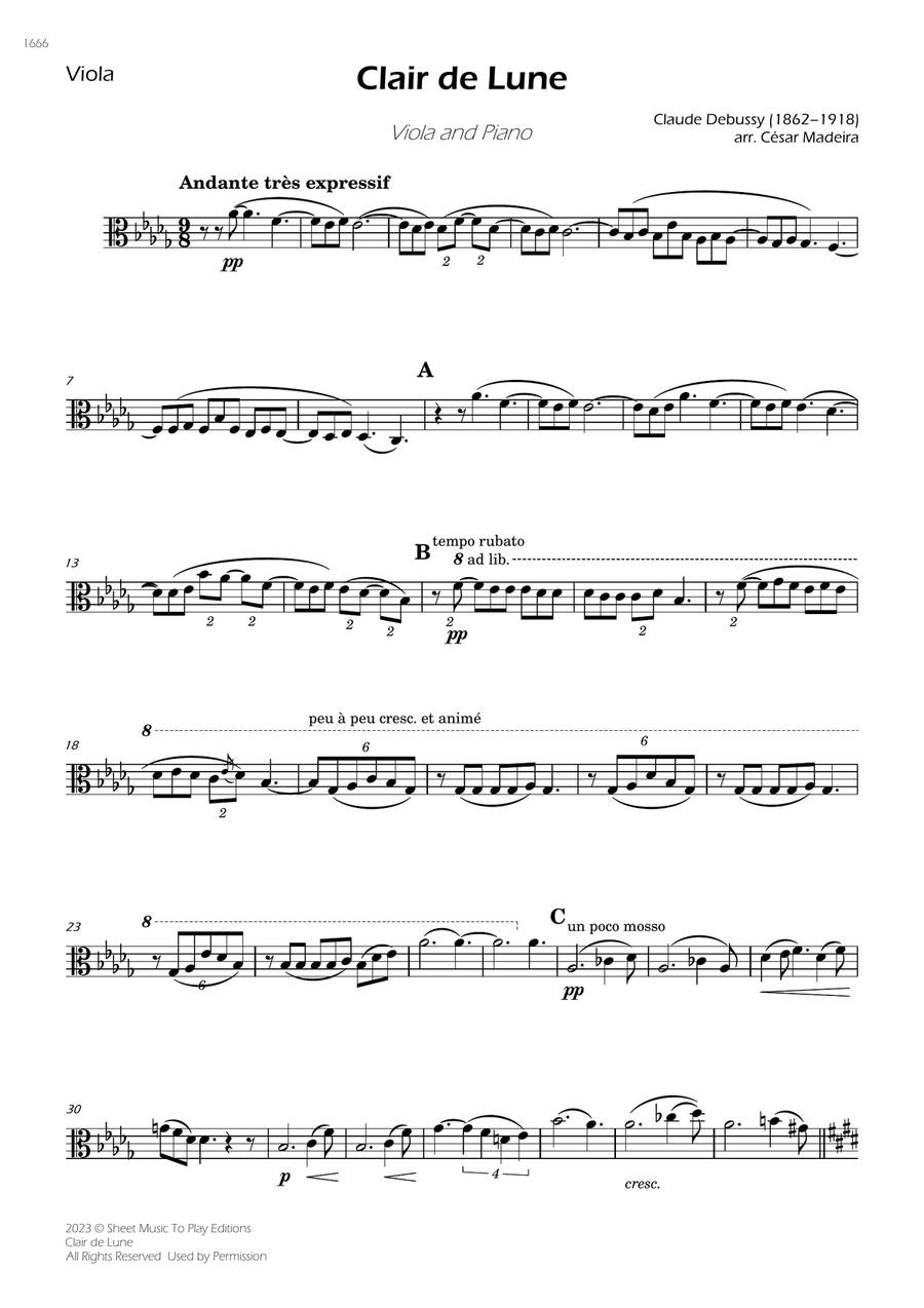 Clair de Lune by Debussy - Viola and Piano (Individual Parts) Piano scores gallery preview page 1