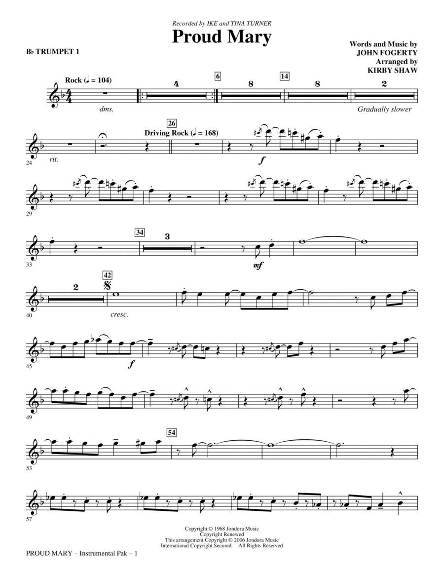 Proud Mary (arr. Kirby Shaw) - Bb Trumpet 1 Choir scores gallery preview page 1