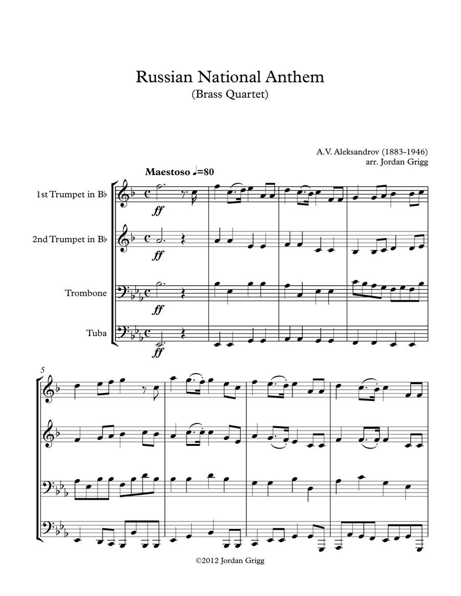 Russian National Anthem (Brass Quartet) Brass Quartet scores gallery preview page 1