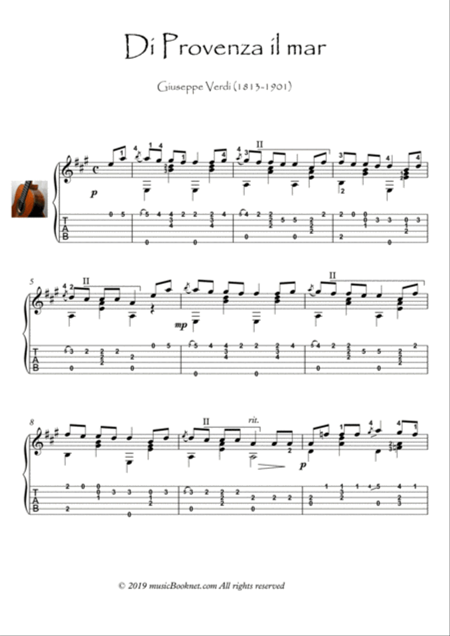 La Traviata - Di Provenza il mar guitar solo Acoustic Guitar scores gallery preview page 1