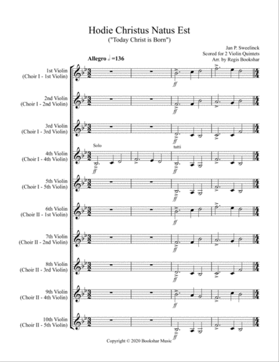 Hodie Christus Natus Est (2 Violin Quintets) Violin scores gallery preview page 1