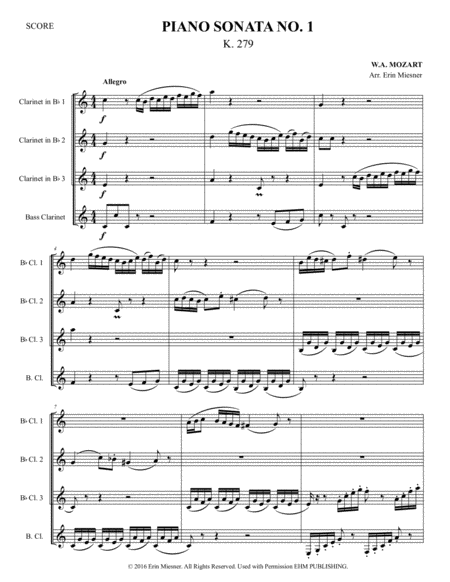 Mozart Piano Sonata No. 1, K. 279 for Clarinet Quartet