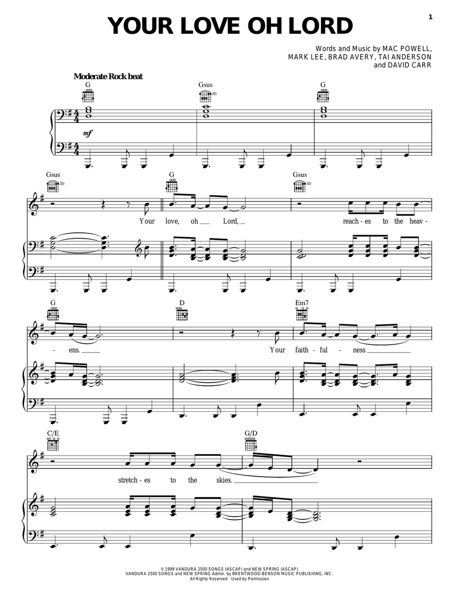 Your Love Oh Lord Piano, Vocal, Guitar scores gallery preview page 1