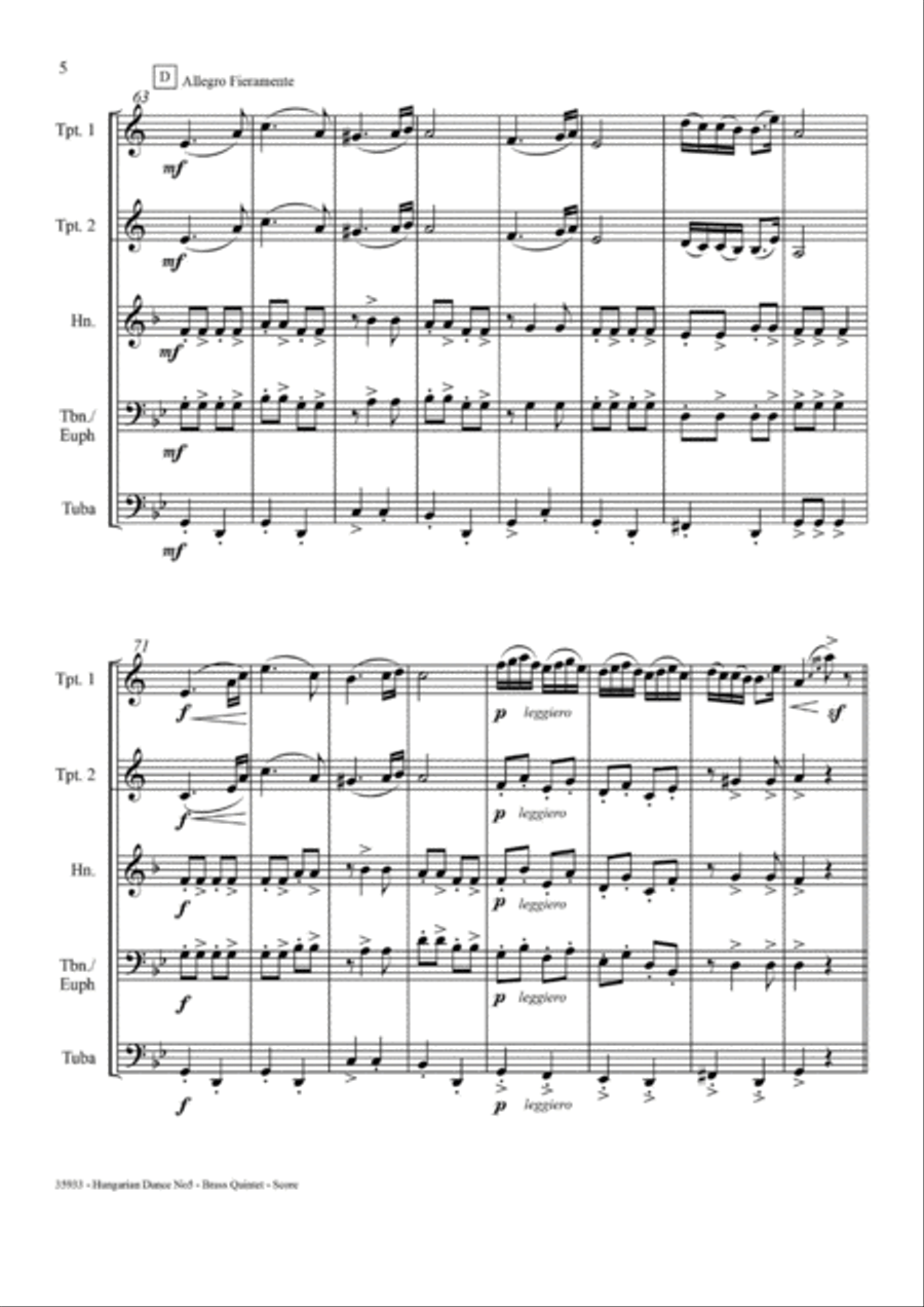 HUNGARIAN DANCE NO5 – BRASS QUINTET Brass Quintet scores gallery preview page 6