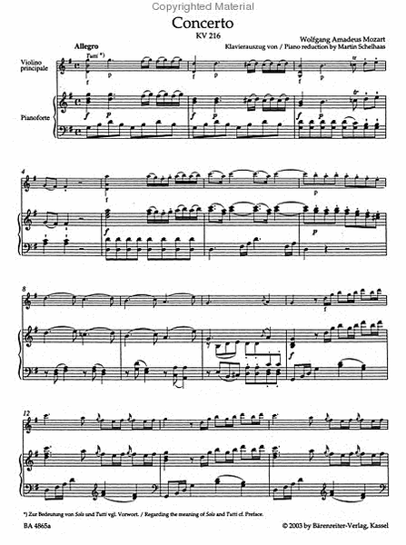 Concerto for Violin and Orchestra, No. 3 G major, KV 216 by Wolfgang Amadeus Mozart Violin Solo - Sheet Music