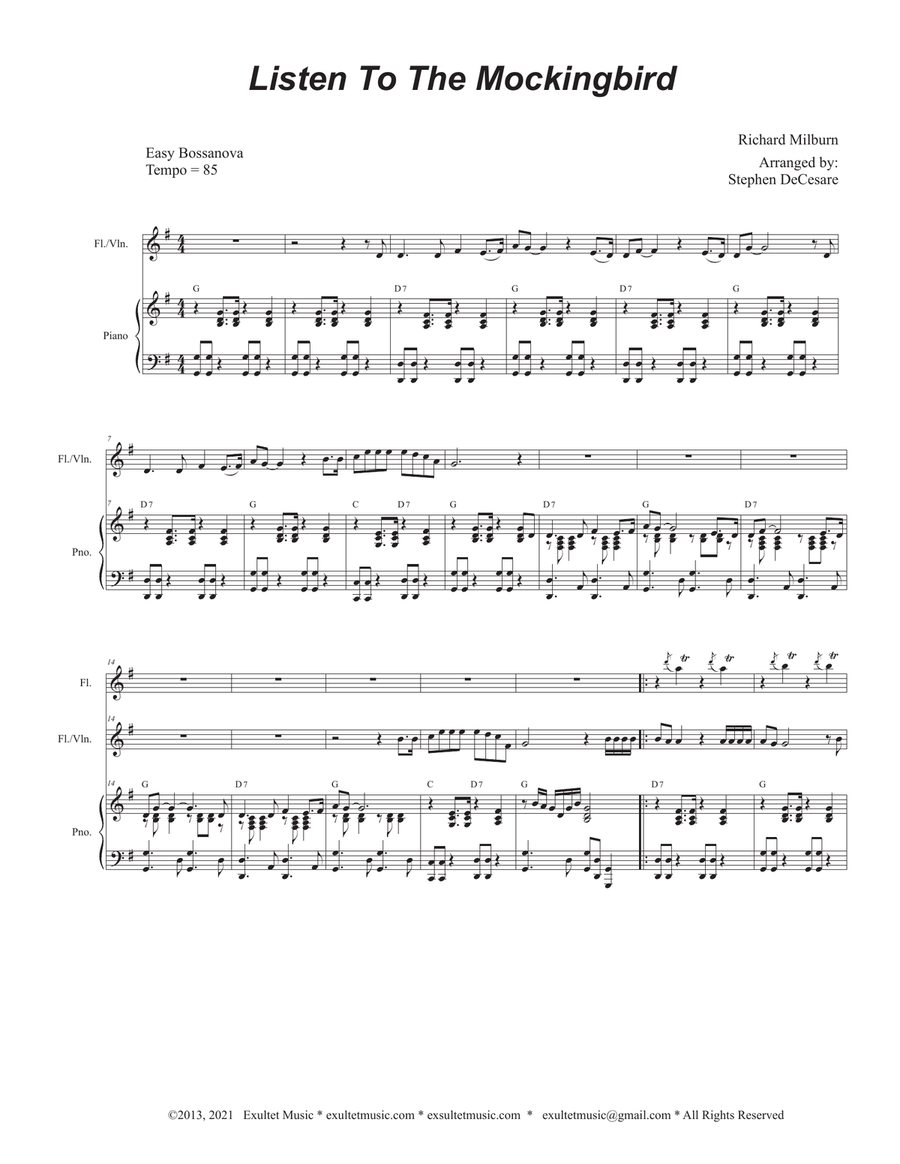 Listen To The Mockingbird (Flute or Violin solo and Piano)