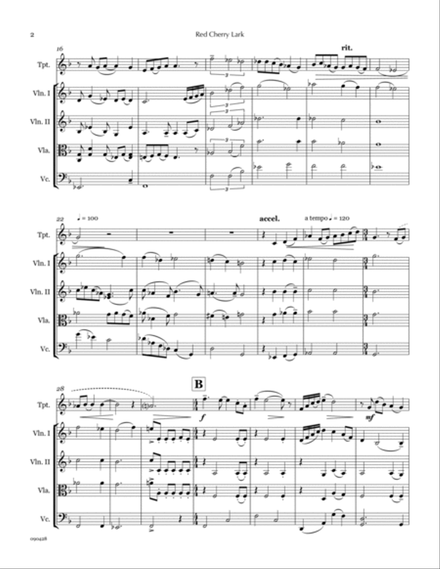 Red Cherry Lark (trumpet & string quartet) Chamber Orchestra scores gallery preview page 4