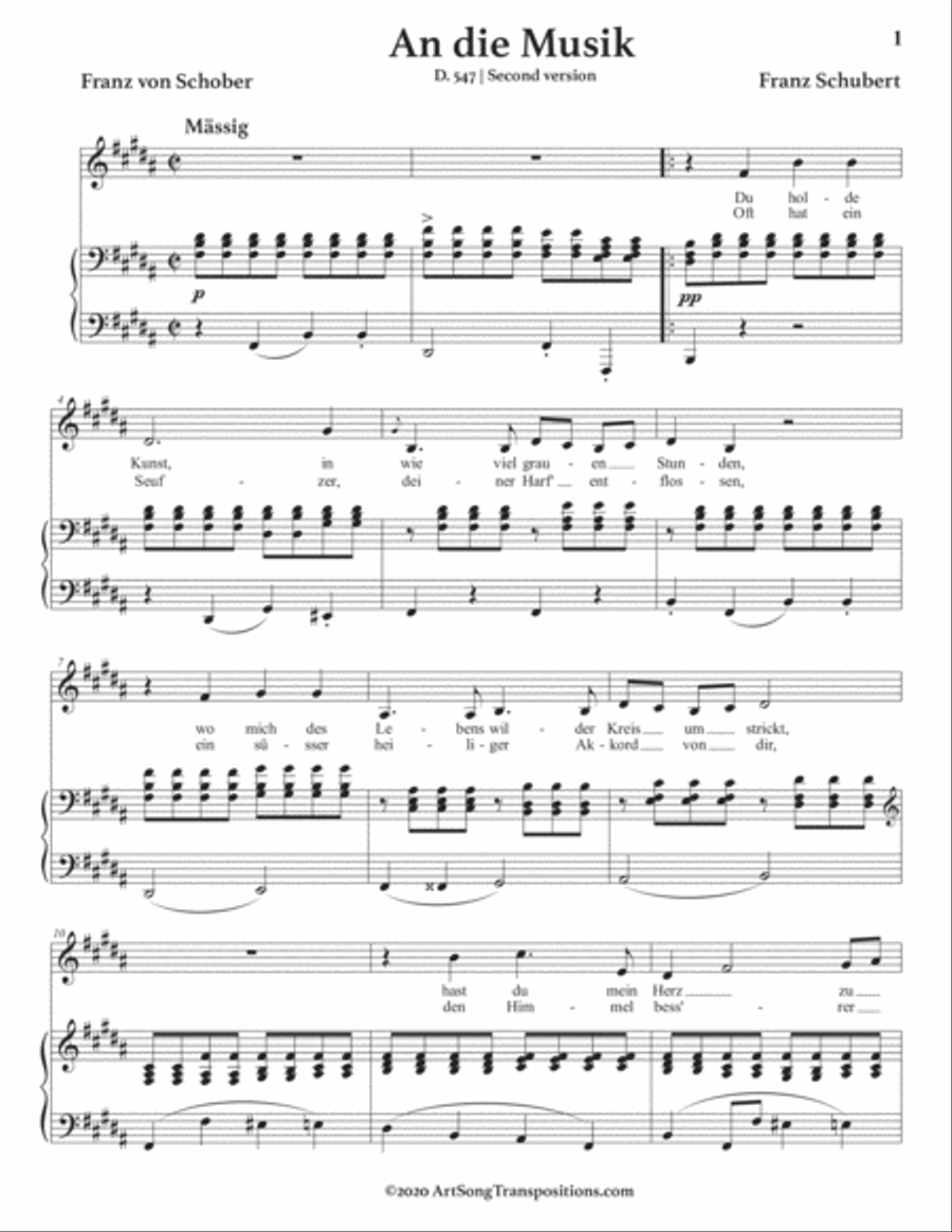SCHUBERT: An die Musik, D. 547 (transposed to B major) Voice scores gallery preview page 2