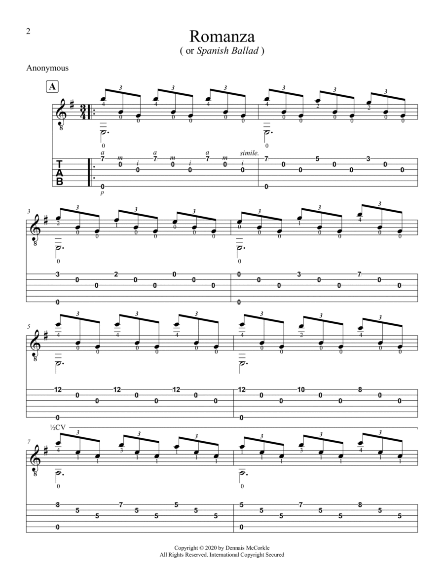 Romanza ( or Spanish Ballad ) Classical Guitar scores gallery preview page 1