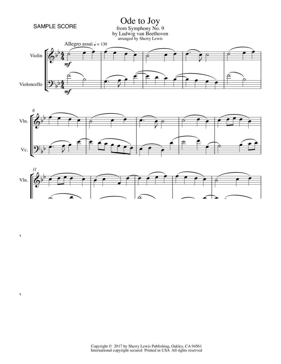 ODE TO JOY, String Duo, Intermediate Level for violin and cello