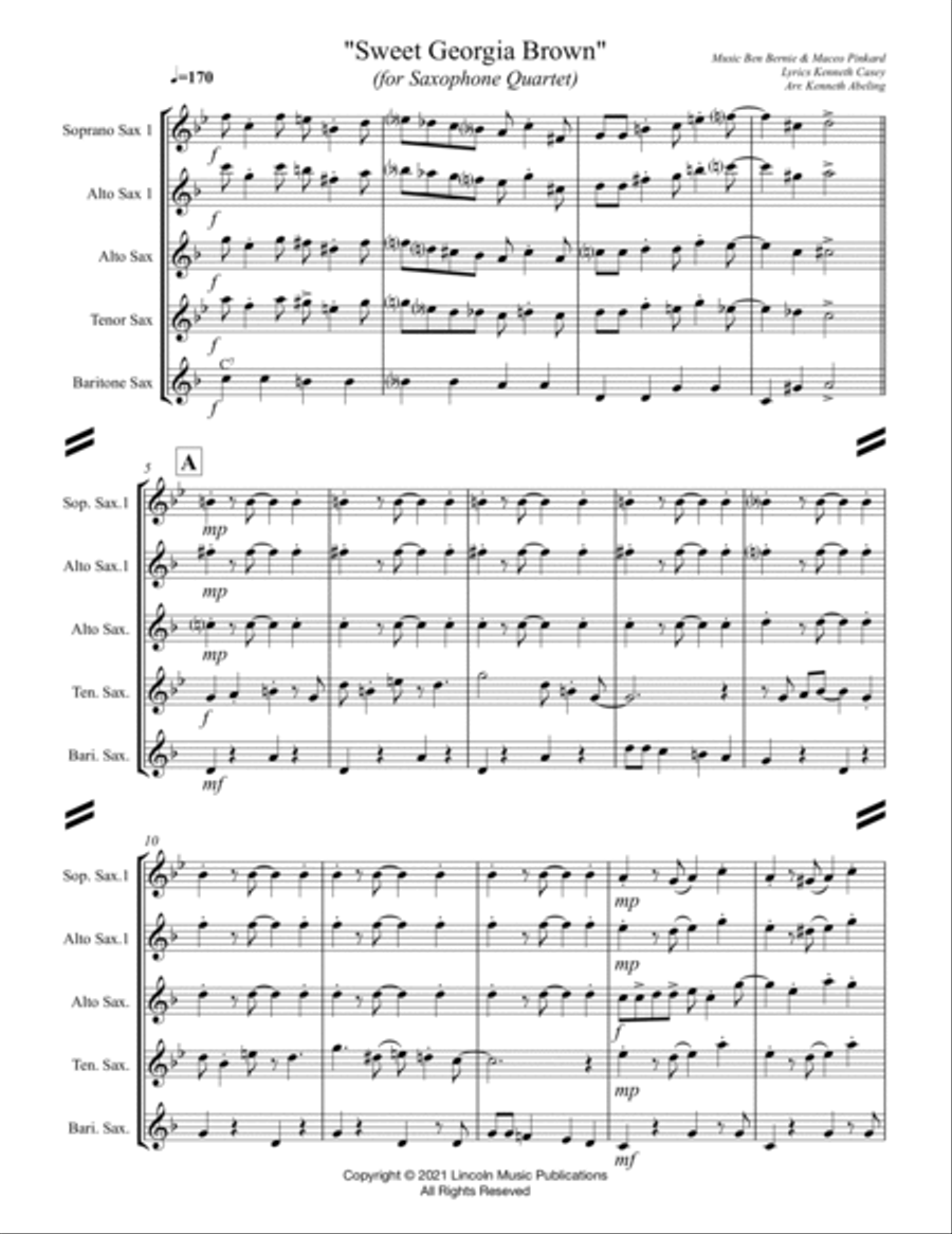 Sweet Georgia Brown (for Saxophone Quartet) SATB or AATB Saxophone Quartet scores gallery preview page 2