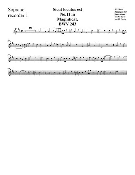 Sicut locutus est from Magnificat, BWV 243 (arrangement for 6 recorders)
