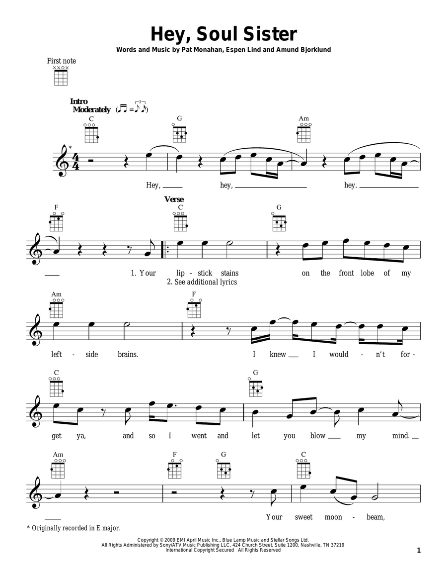Hey, Soul Sister Ukulele scores gallery preview page 1