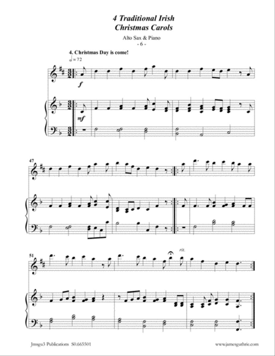 4 Traditional Irish Christmas Carols for Alto Sax & Piano Alto Saxophone scores gallery preview page 6