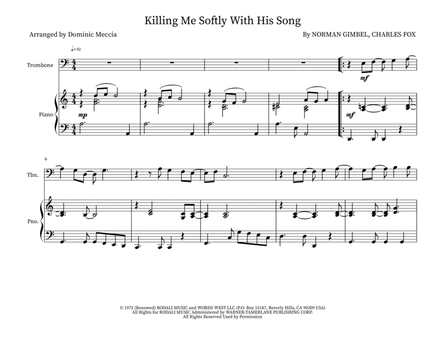 Killing Me Softly With His Song Trombone Duet scores gallery preview page 1