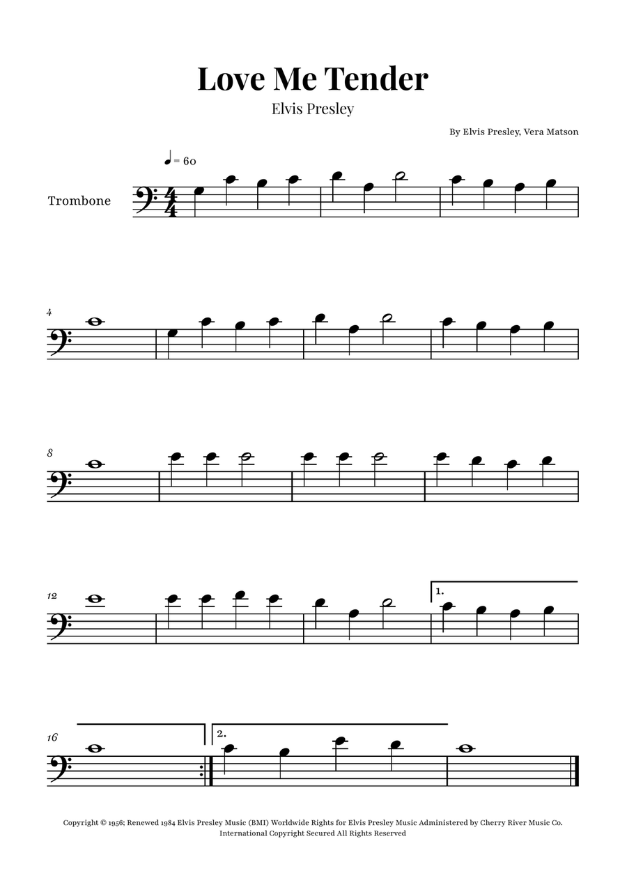 Love Me Tender Trombone Solo scores gallery preview page 1