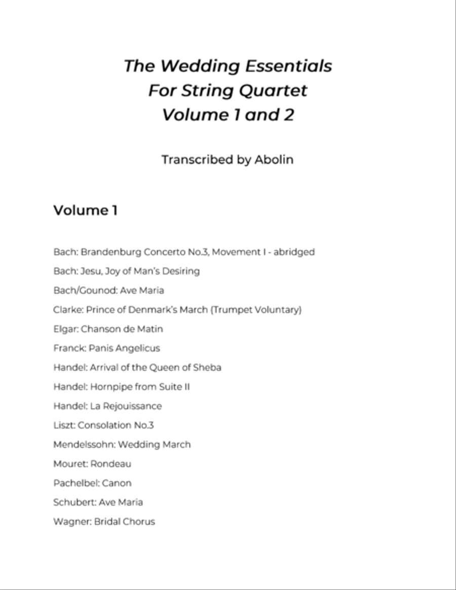 The Wedding Essentials for String Quartet, Vol. 1 and 2 - Album of 30 pieces - Parts (no score) String Quartet scores gallery preview page 2