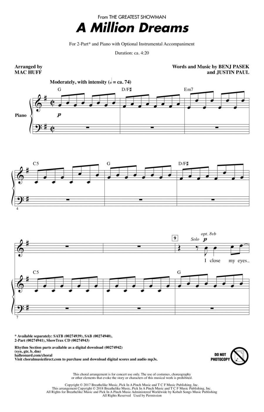 A Million Dreams (from The Greatest Showman) (arr. Mac Huff) by Pasek and Paul 2-Part - Digital Sheet Music