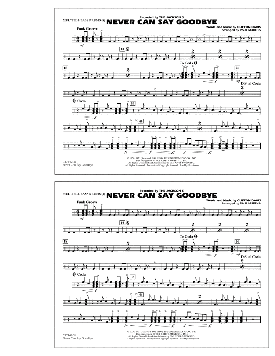 Never Can Say Goodbye - Multiple Bass Drums Marching Band scores gallery preview page 1