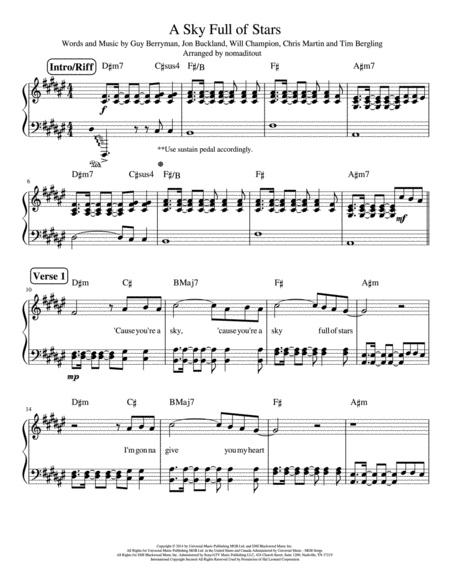 A Sky Full Of Stars (Piano Version) - Original Key: F#Major/D#minor image number null