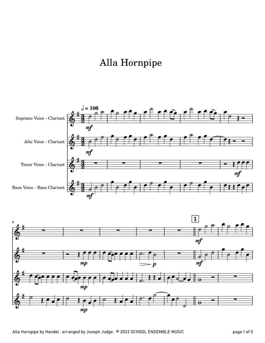 Alla Hornpipe by Handel for Clarinet Quartet in Schools Clarinet Quartet scores gallery preview page 1