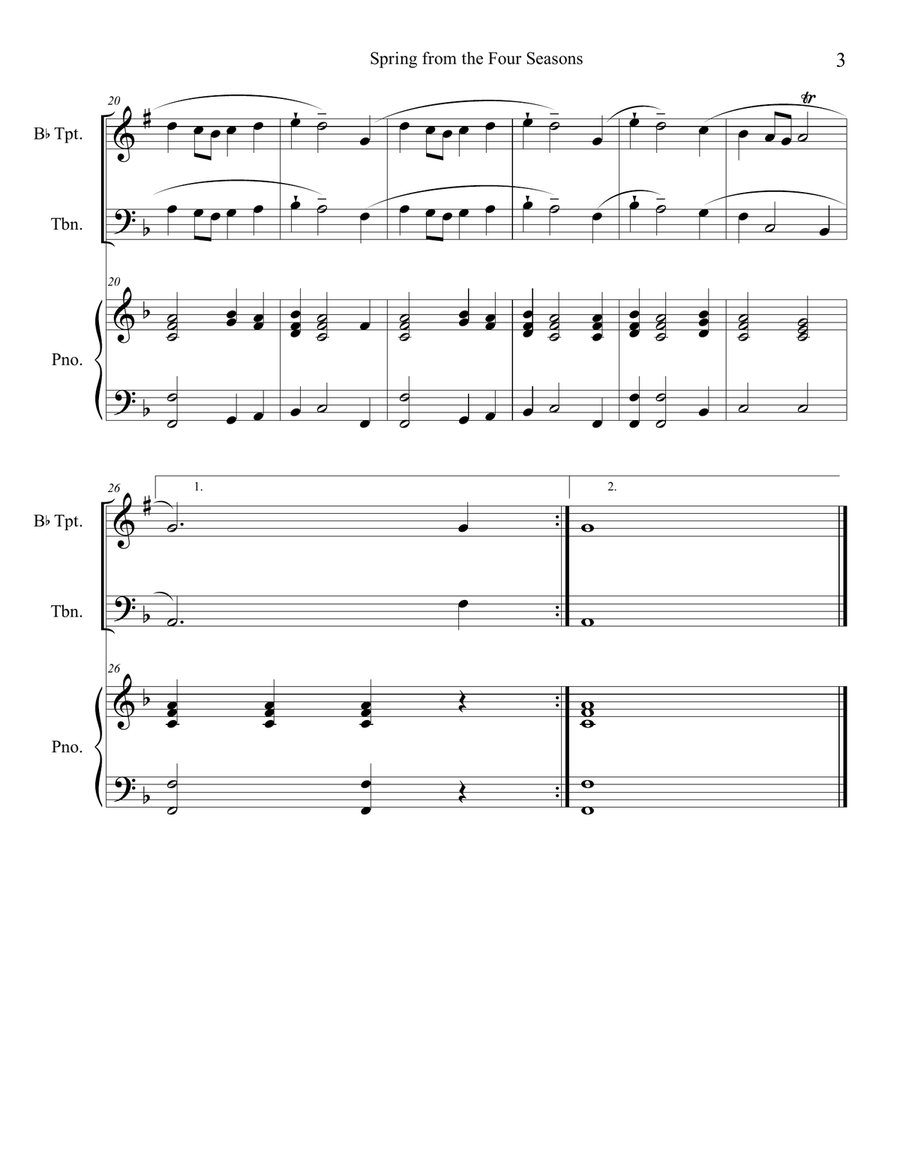 Spring from the Four Seasons (Trumpet and Trombone Duet) with piano accompaniment Brass Duet scores gallery preview page 3