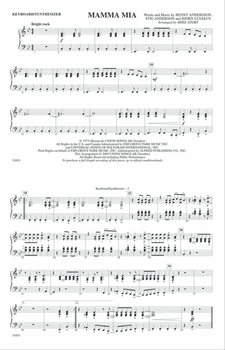 Mamma Mia: Keyboard/Synthesizer Marching Band scores gallery preview page 1