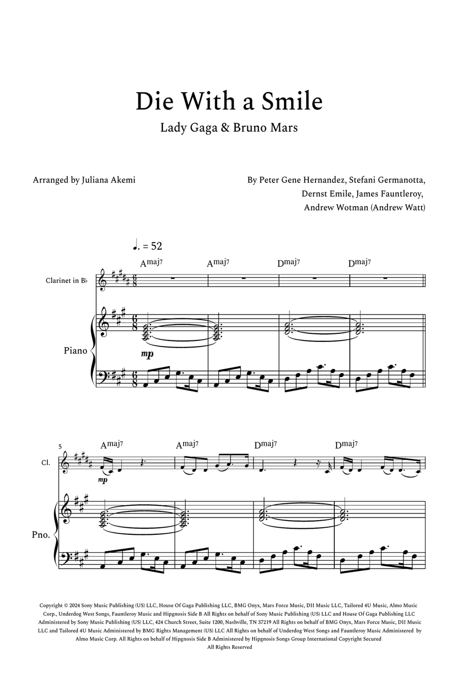 Die With A Smile B-Flat Clarinet scores gallery preview page 1