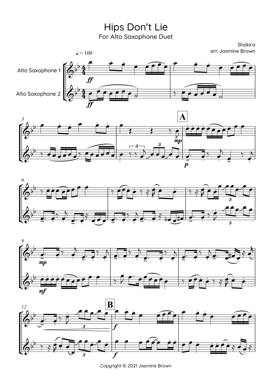 Hips Don't Lie Woodwind Duet scores gallery preview page 1