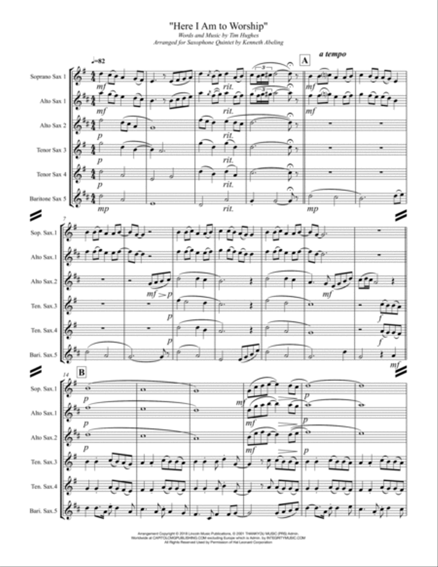 Here I Am To Worship Saxophone Quintet scores gallery preview page 2