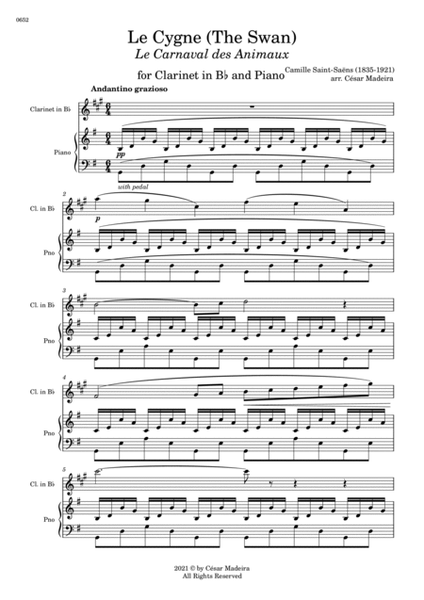 The Swan (Le Cygne) by Saint-Saens - Bb Clarinet and Piano (Full Score and Parts) image number null