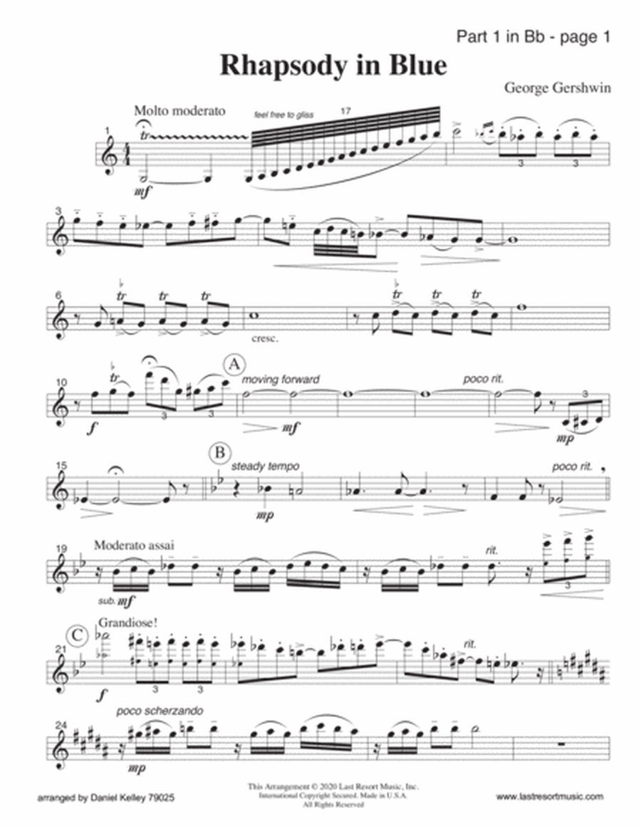 Rhapsody in Blue for String Quartet or Wind Quartet (Mixed Quartet, Double Reed Quartet, or Clarinet
