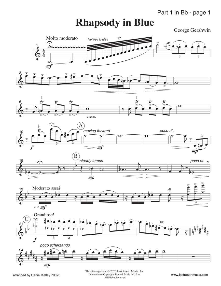 Rhapsody in Blue for String Quartet or Wind Quartet (Mixed Quartet, Double Reed Quartet, or Clarinet Chamber Orchestra scores gallery preview page 6