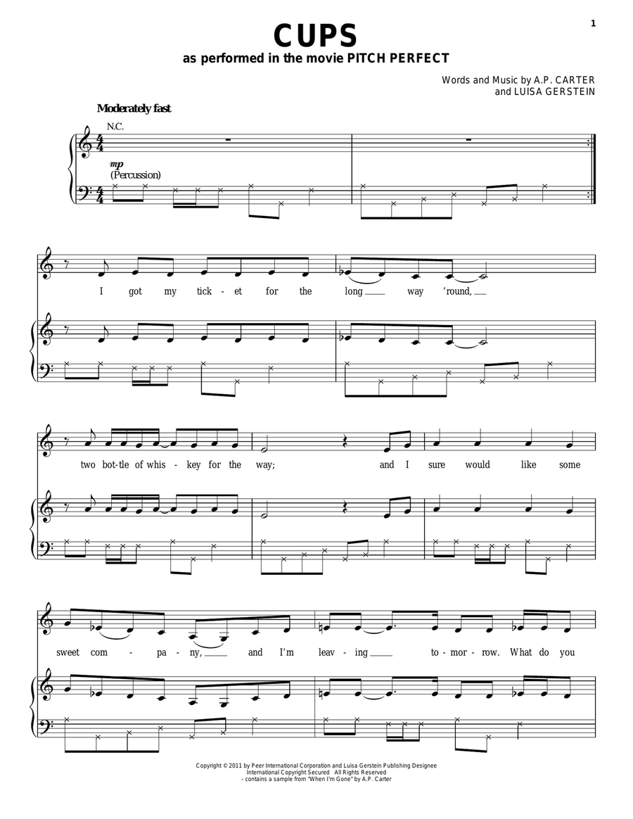 Cups (When I'm Gone) Piano, Vocal scores gallery preview page 1