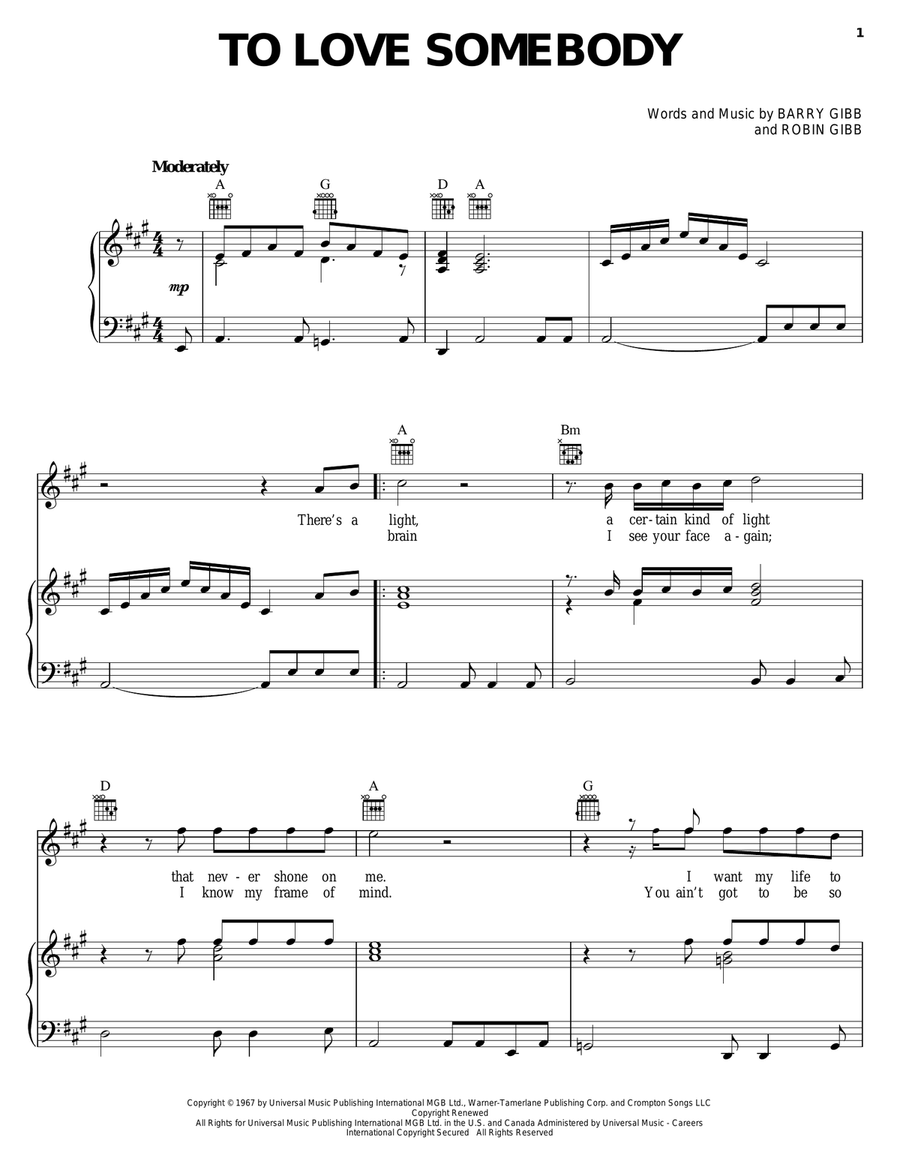 To Love Somebody Piano, Vocal, Guitar scores gallery preview page 1