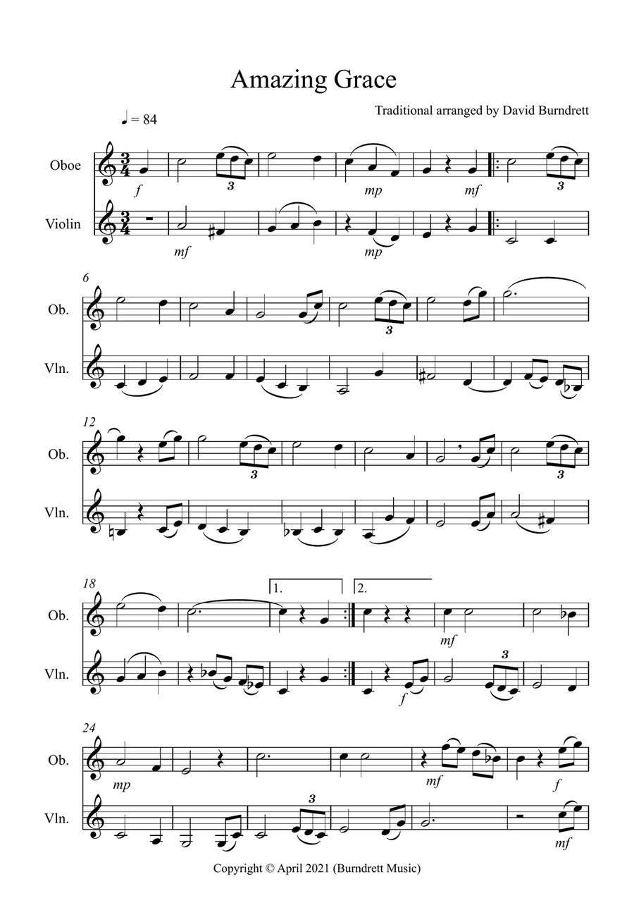 Amazing Grace for Oboe and Violin Duet Oboe scores gallery preview page 1