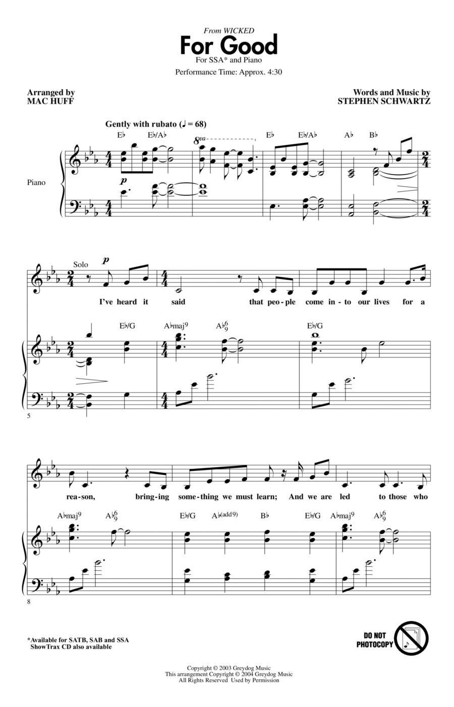 For Good (from Wicked) (arr. Mac Huff) SSA scores gallery preview page 1