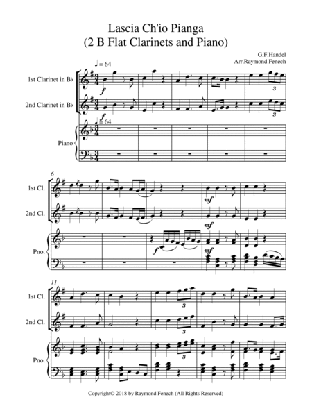 Lascia Ch'io Pianga - From Opera 'Rinaldo' - G.F. Handel ( 2 B Flat Clarinets and Piano) image number null