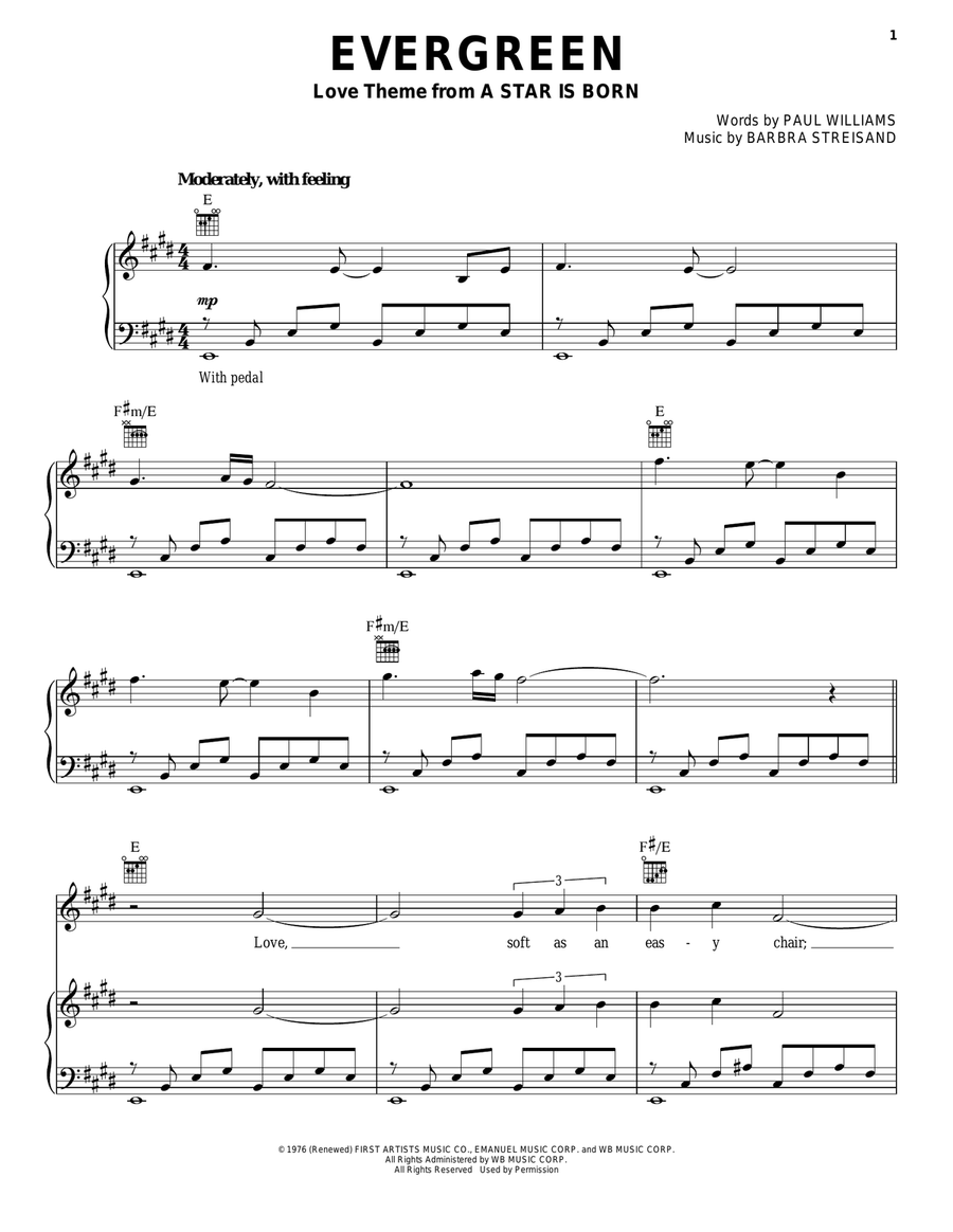 Evergreen (Love Theme from A Star Is Born) Piano, Vocal, Guitar scores gallery preview page 1