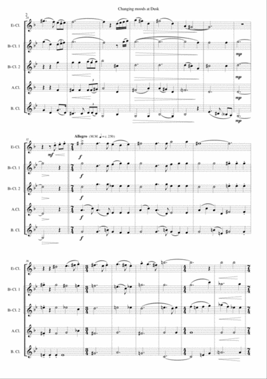 Changing moods at dusk for clarinet quintet (E flat, 2 B flats, Alto, Bass) Clarinet Quintet scores gallery preview page 2